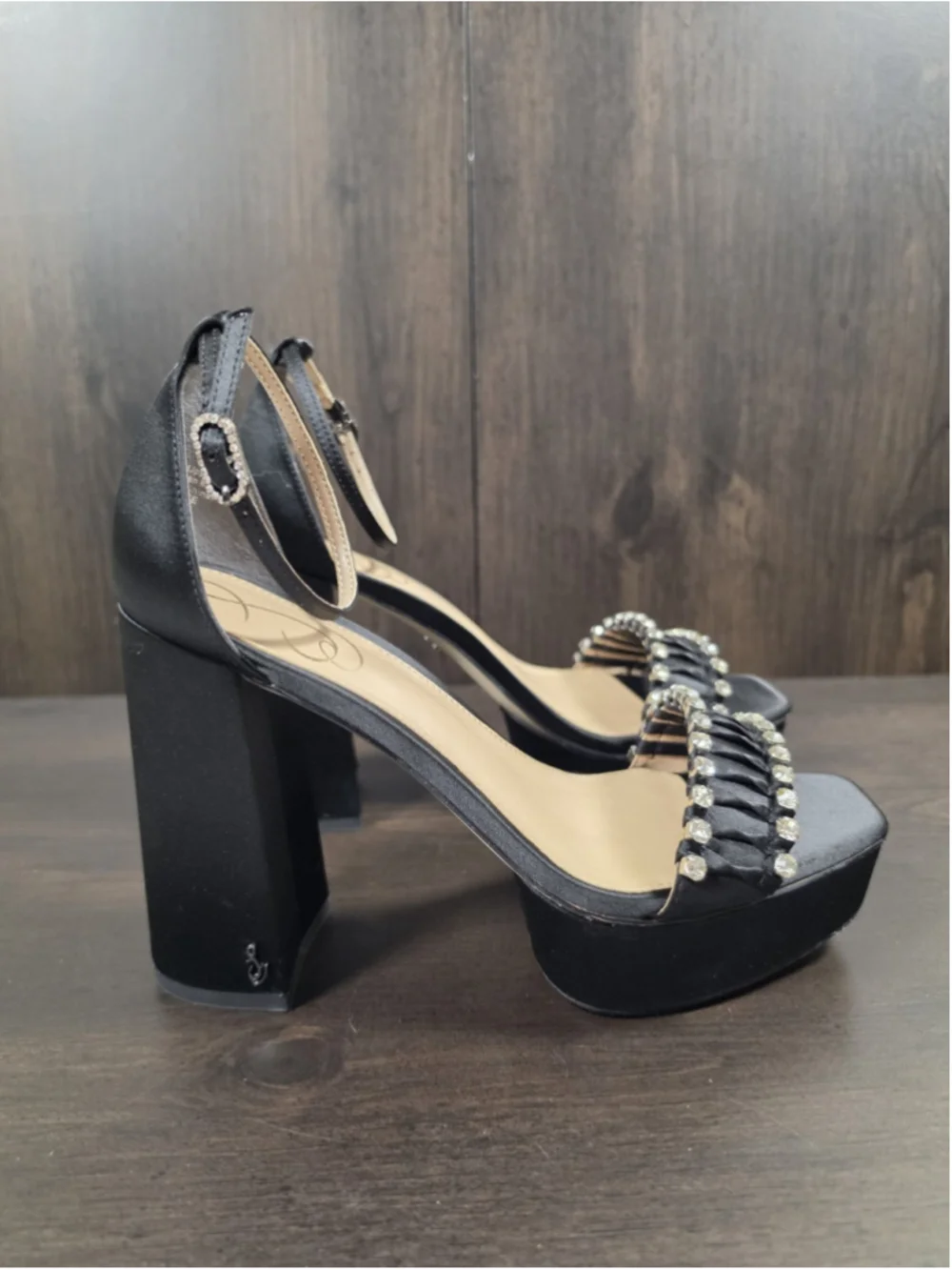 Sam Edelman Ninette Crystal Rhinestones Pleated Block Heels 7.5 M Black Satin